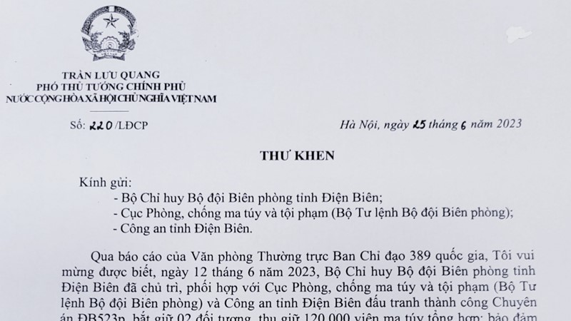 Phó Thủ tướng Chính phủ Trần Lưu Quang gửi thư khen Bộ đội Biên phòng tỉnh Điện Biên, Cục Phòng, chống ma túy và tội phạm Bộ đội Biên phòng và Công an tỉnh Điện Biên